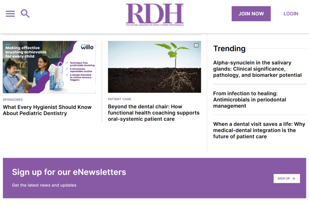 RDH homepage featuring patient care and clinical dentistry articles