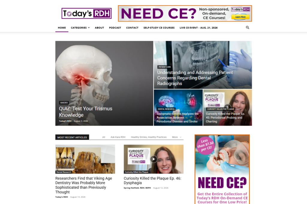 Today's RDH homepage featuring dental research, patient care, and CE content