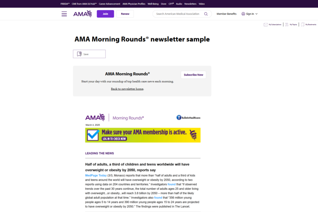 Voorbeeld van AMA Morning Rounds met op artsen gerichte updates