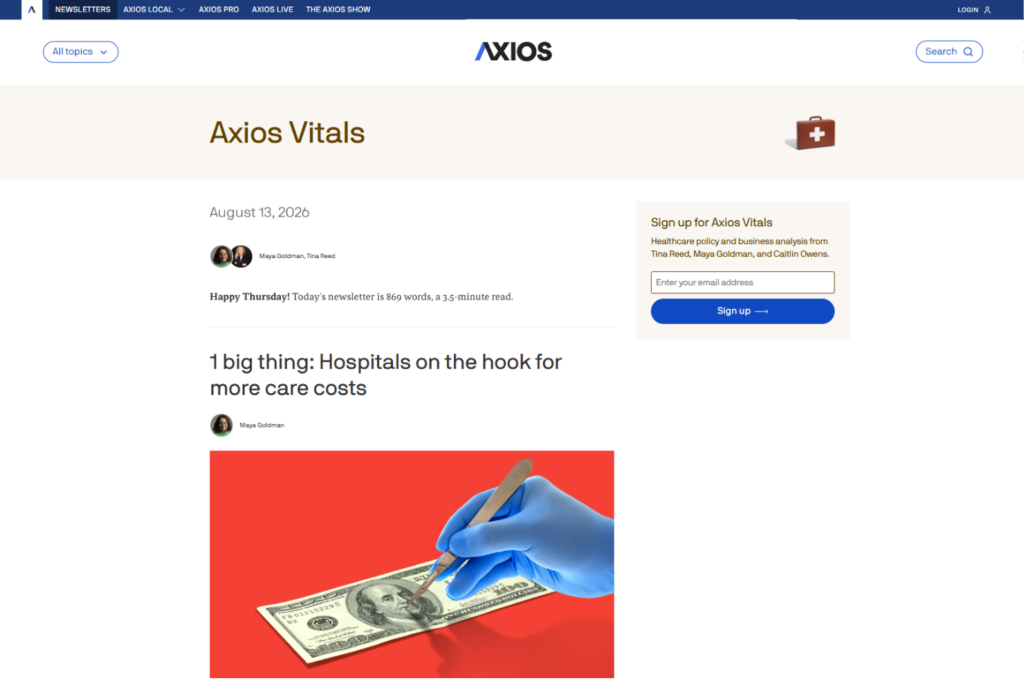 Editie van Axios Vitals over de kosten van ziekenhuiszorg
