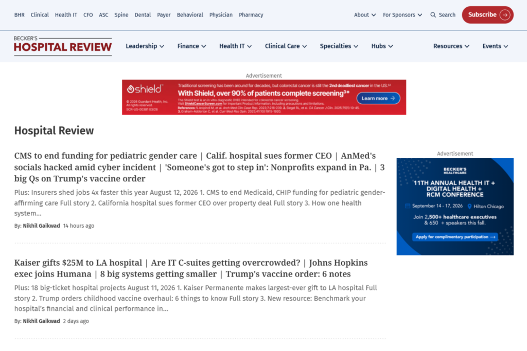 Becker's Hospital Review-pagina met koppen over de ziekenhuissector