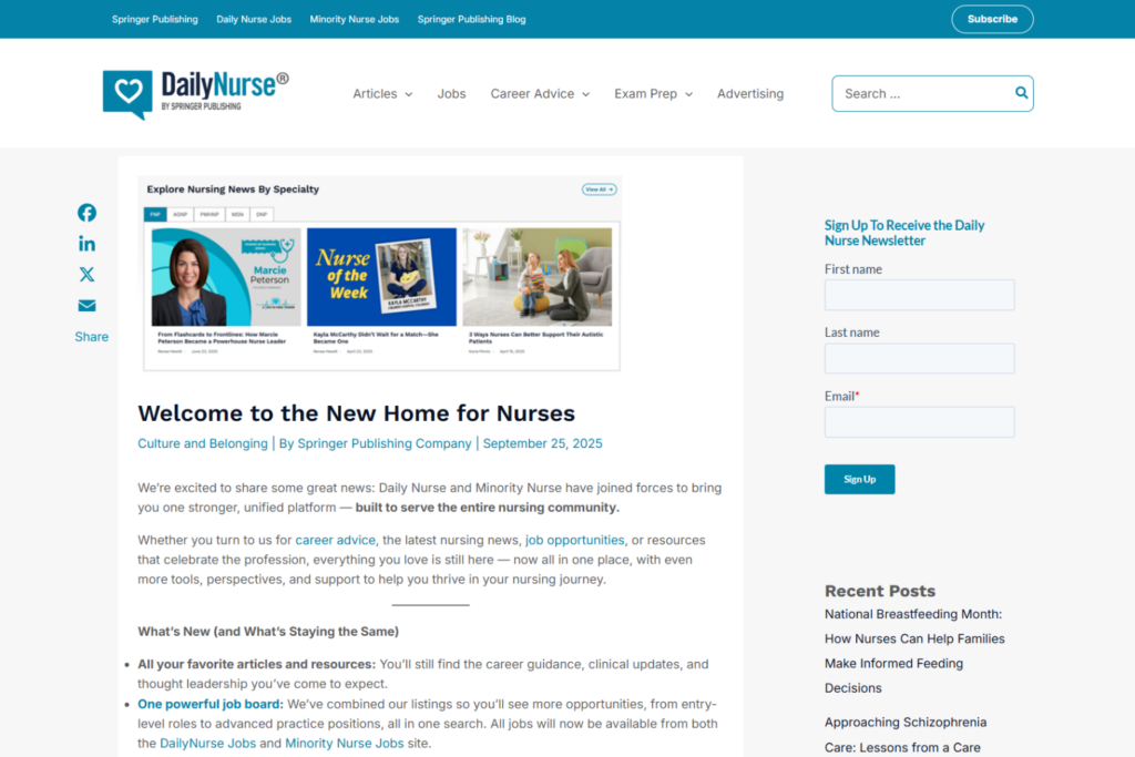 Página de Daily Nurse con historias sobre especialidades y un formulario de suscripción por correo electrónico