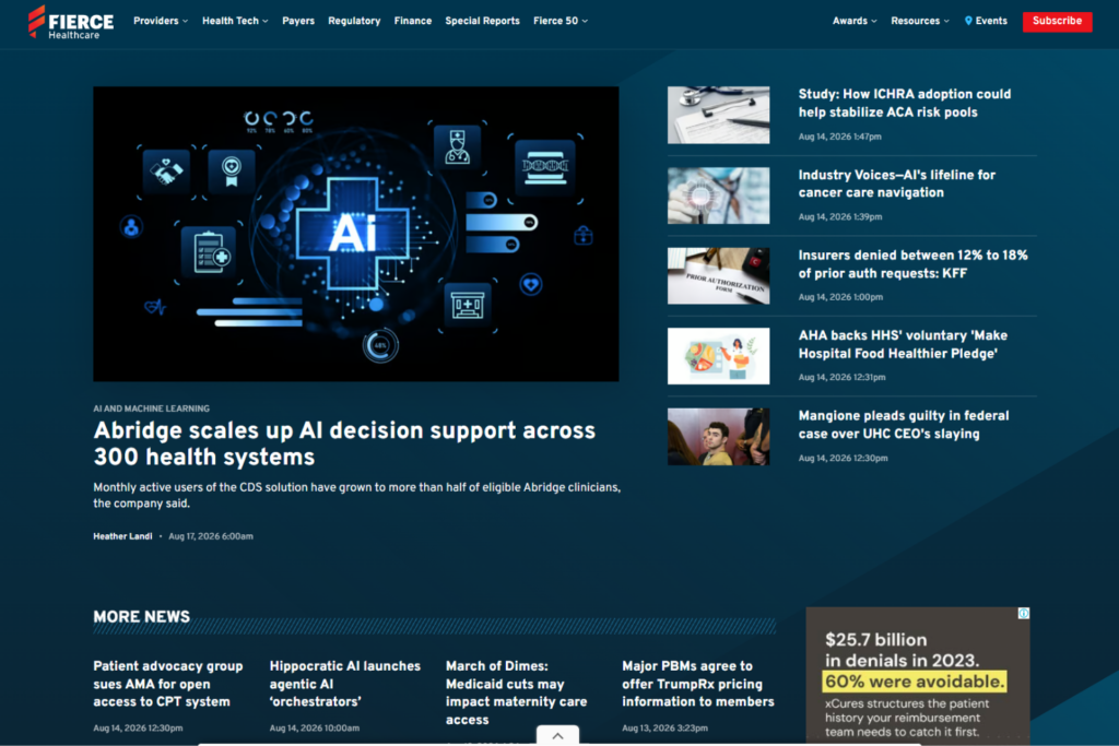 Homepage van Fierce Healthcare met artikelen over AI, verzekeringen, regelgeving en zorgaanbieders
