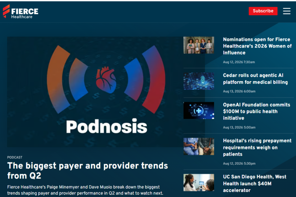 Pagina van Fierce Healthcare met nieuws en analyses over de gezondheidszorgsector