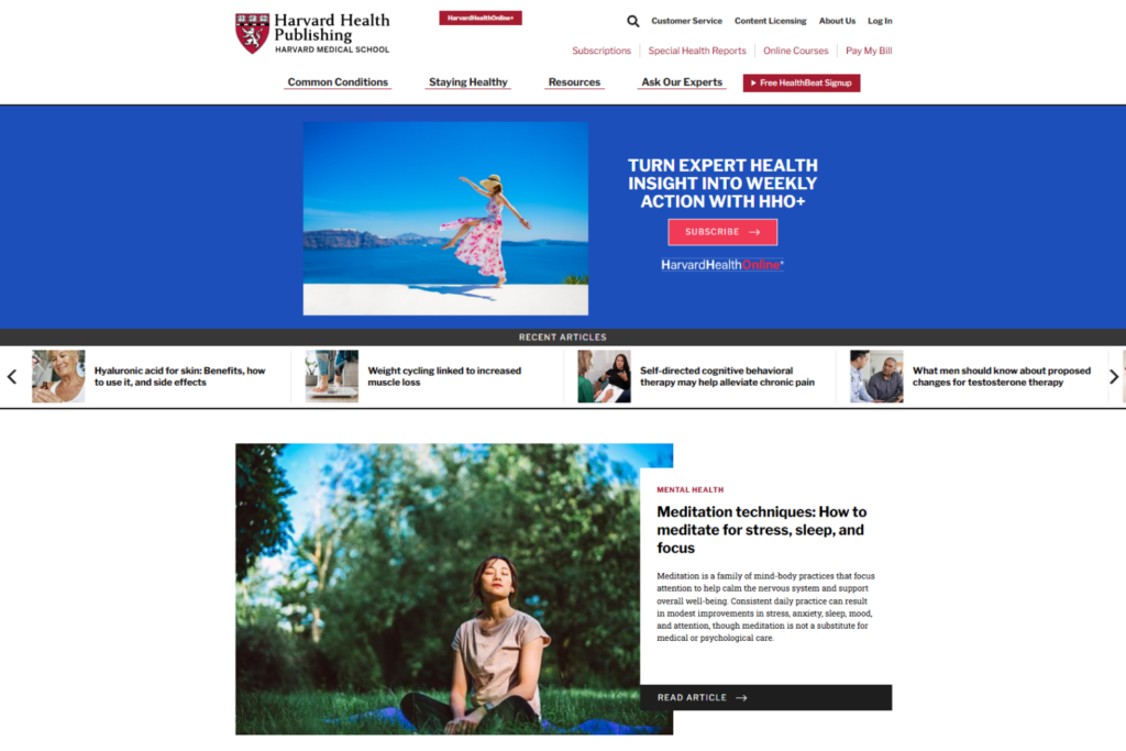 Pagina van Harvard Health Publishing met deskundige adviezen over mentale en lichamelijke gezondheid
