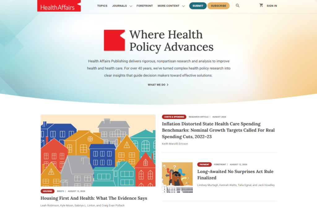 Homepage van Health Affairs met onderzoek naar huisvesting, uitgaven en gezondheidszorgbeleid