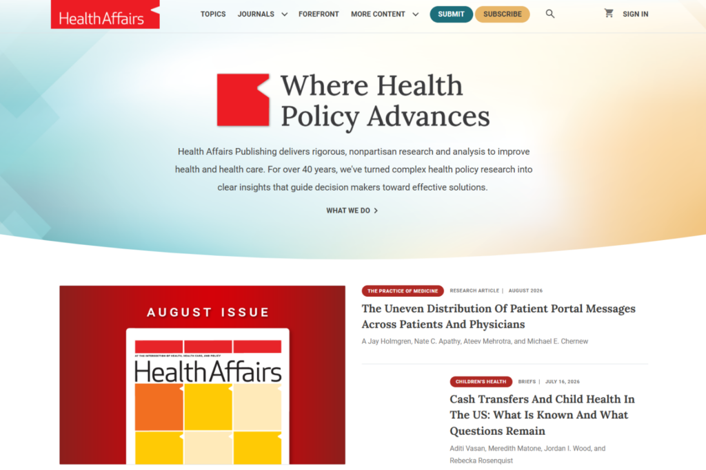 Health Affairs-pagina met onderzoek en analyses over beleid
