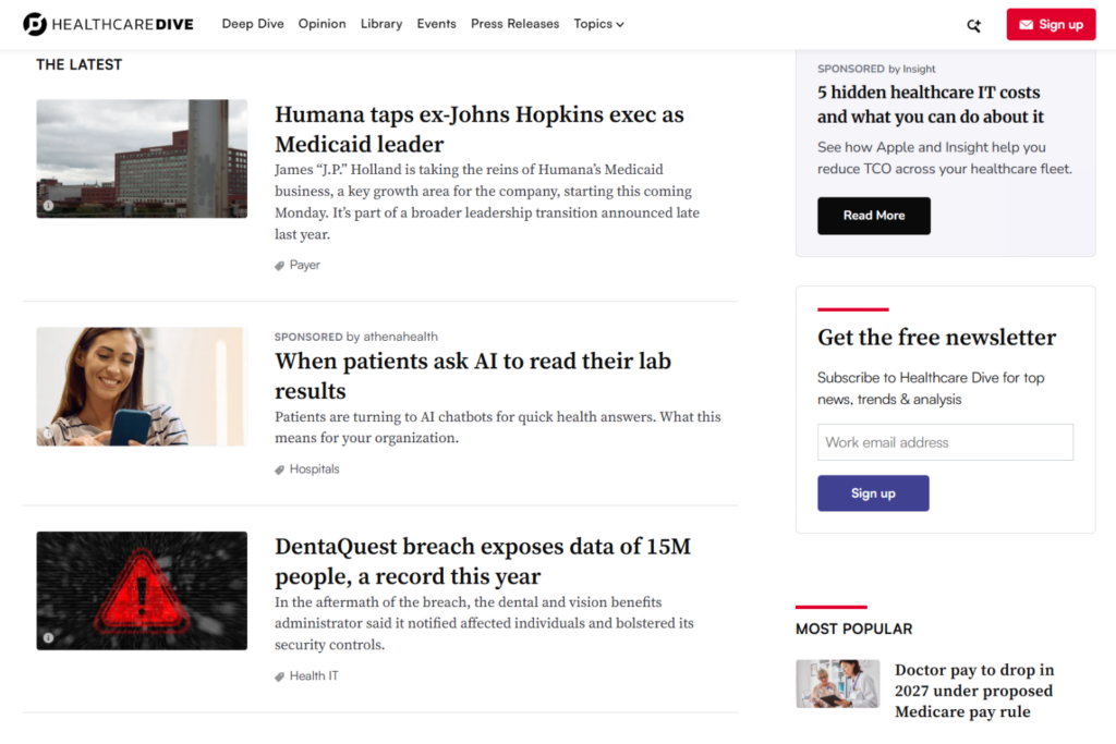 Homepage van Healthcare Dive met zakelijke verhalen over de gezondheidszorg