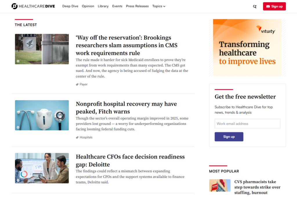 Homepage van Healthcare Dive met nieuws over Medicaid, ziekenhuizen en zorgfinanciering