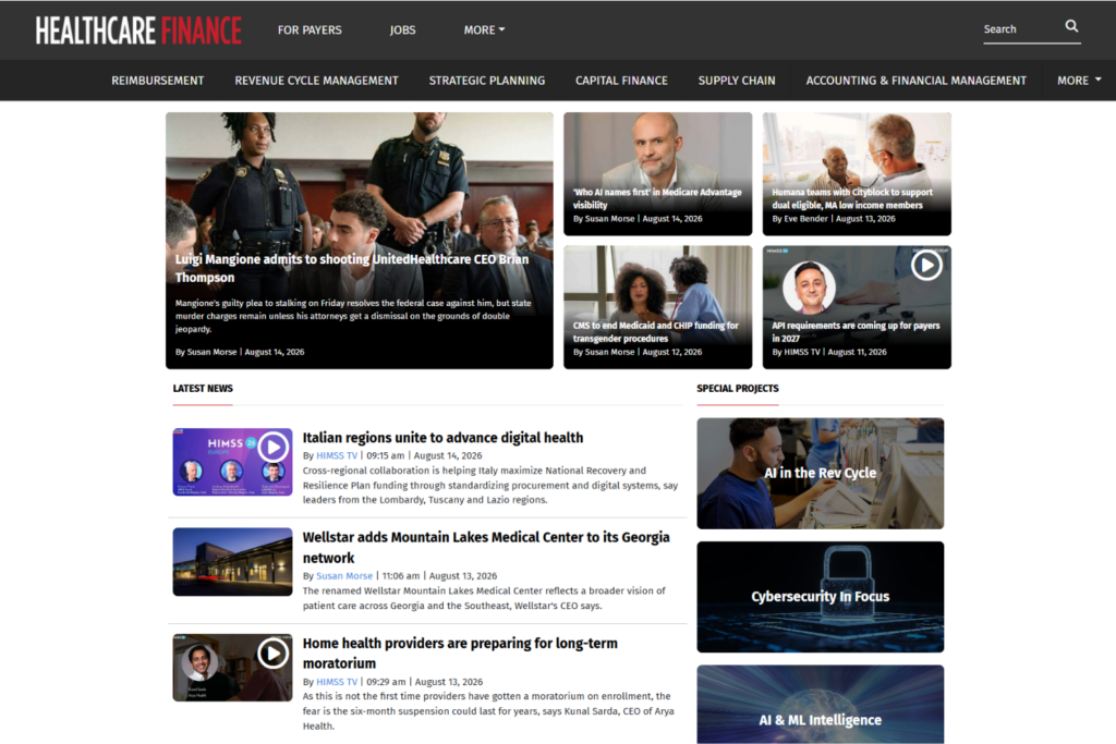 Homepage van Healthcare Finance News met verhalen over financiën, betalers en digitale gezondheid