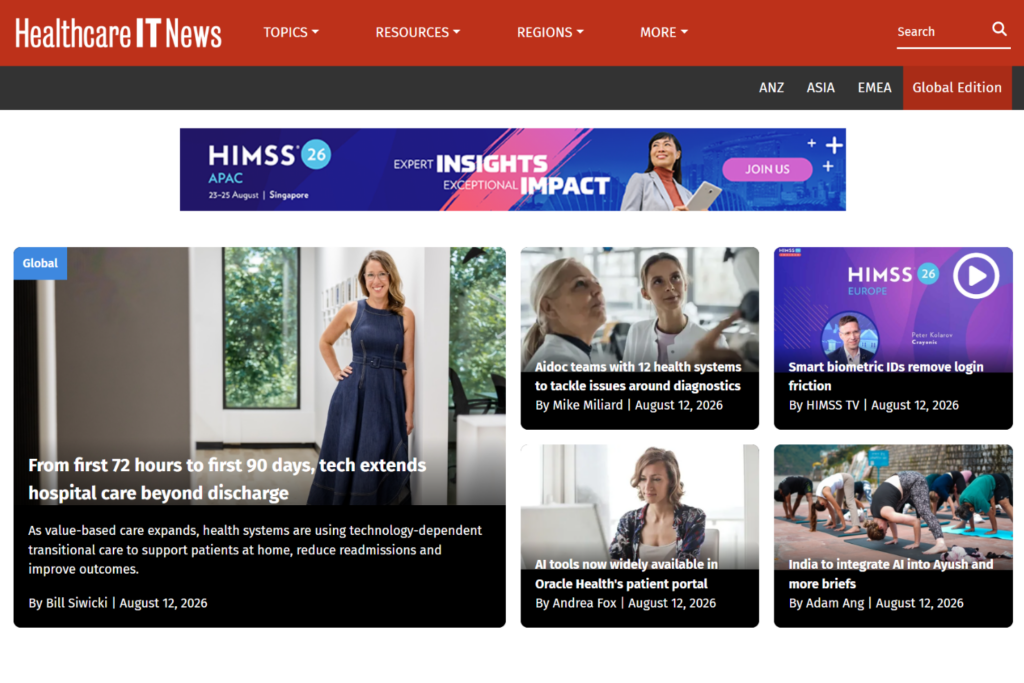 Homepage van Healthcare IT News met verhalen over zorgtechnologie