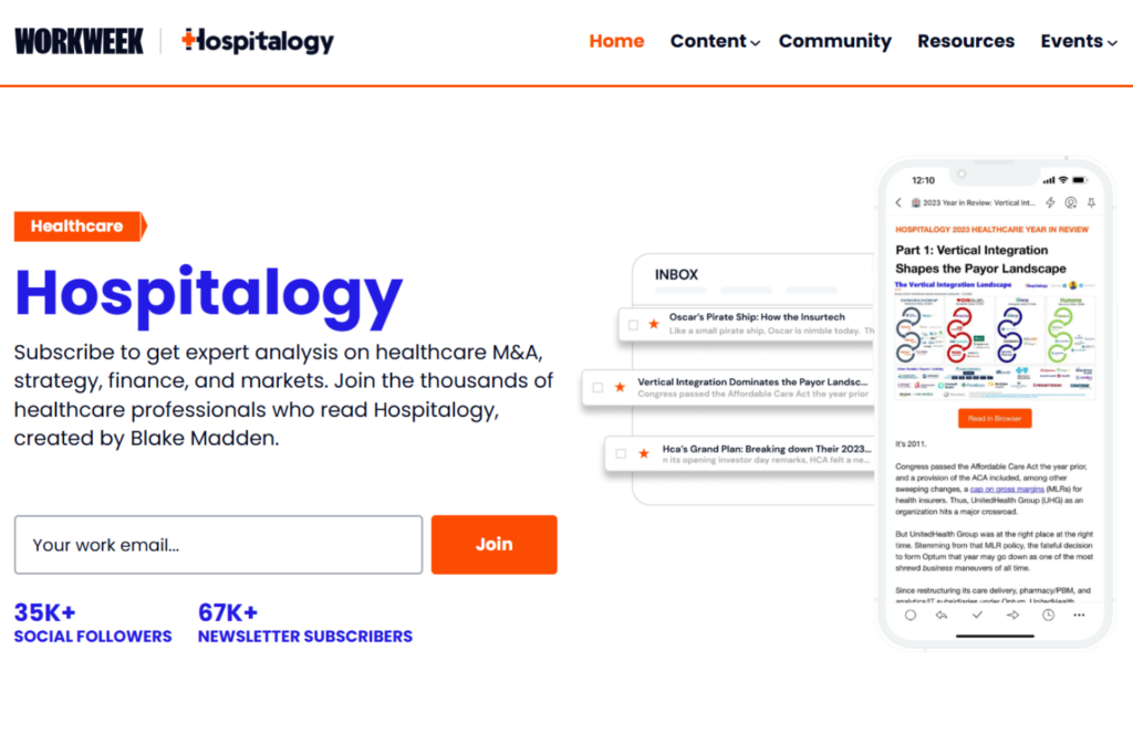 Abonnementspagina van Hospitalogy met analyses voor professionals in de gezondheidszorg