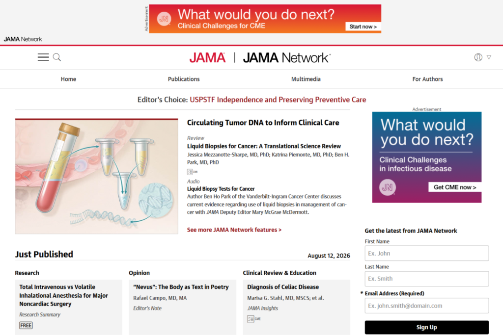 JAMA Network-pagina met medisch onderzoek en commentaar