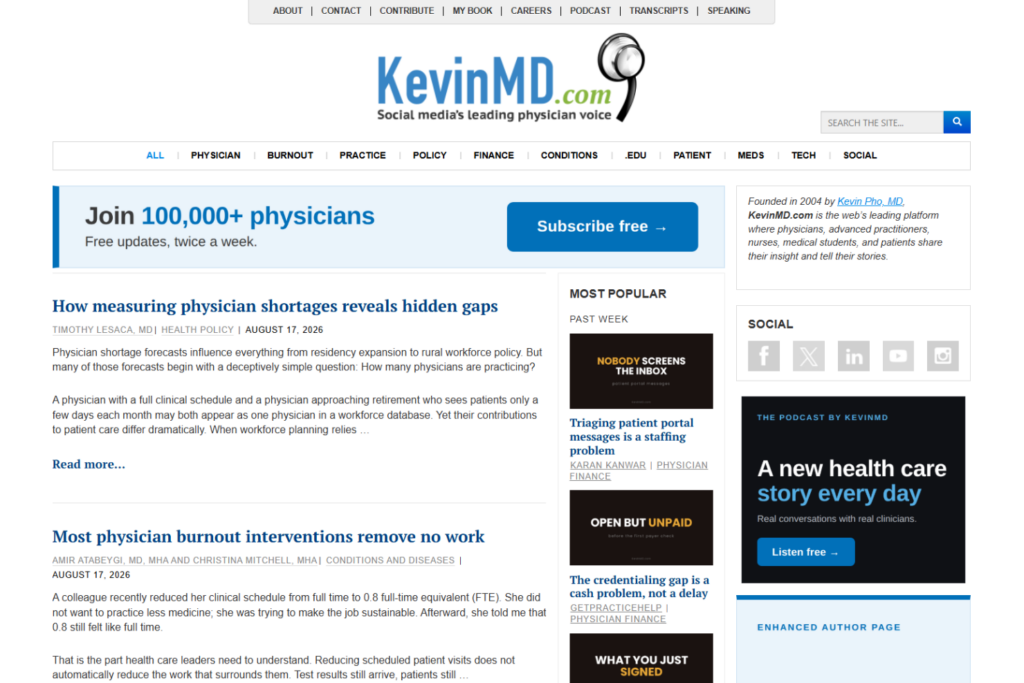 Homepage van KevinMD met artikelen van artsen over personeelstekorten en burn-out