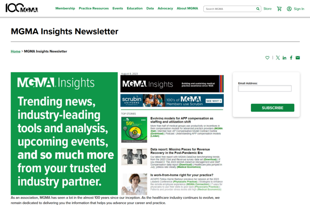 MGMA Insights-pagina met hulpmiddelen voor praktijkmanagement