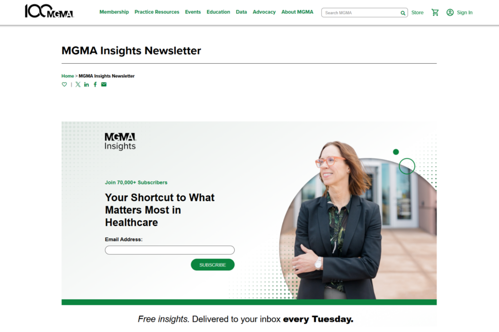 Abonnementspagina van MGMA Insights met promotie van inzichten in gezondheidszorgbeheer