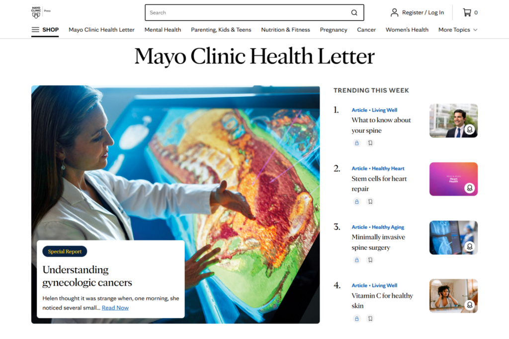 Pagina van de Mayo Clinic Health Letter met artikelen over kanker, hart, wervelkolom en welzijn