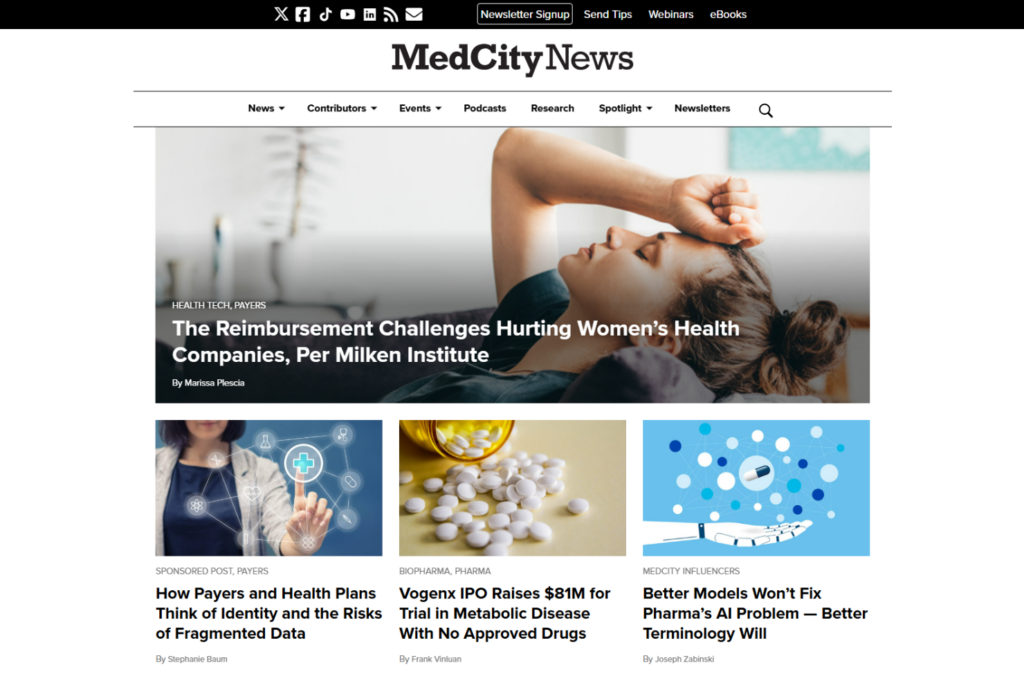 Homepage van MedCity News met verhalen over vergoedingen, farmaceutische bedrijven, betalers en gezondheidstechnologie