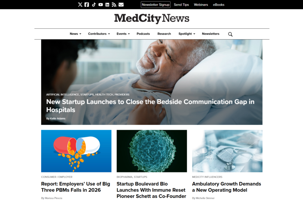 Homepage van MedCity News met verhalen over de medische sector