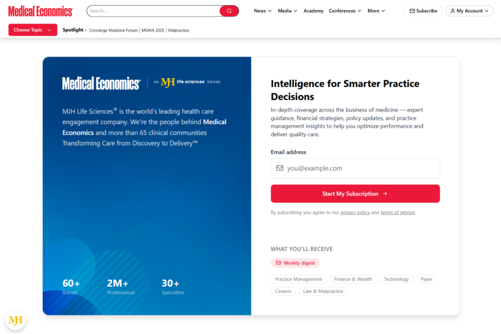 Aanmeldpagina voor de e-nieuwsbrief van Medical Economics met de behandelde onderwerpen