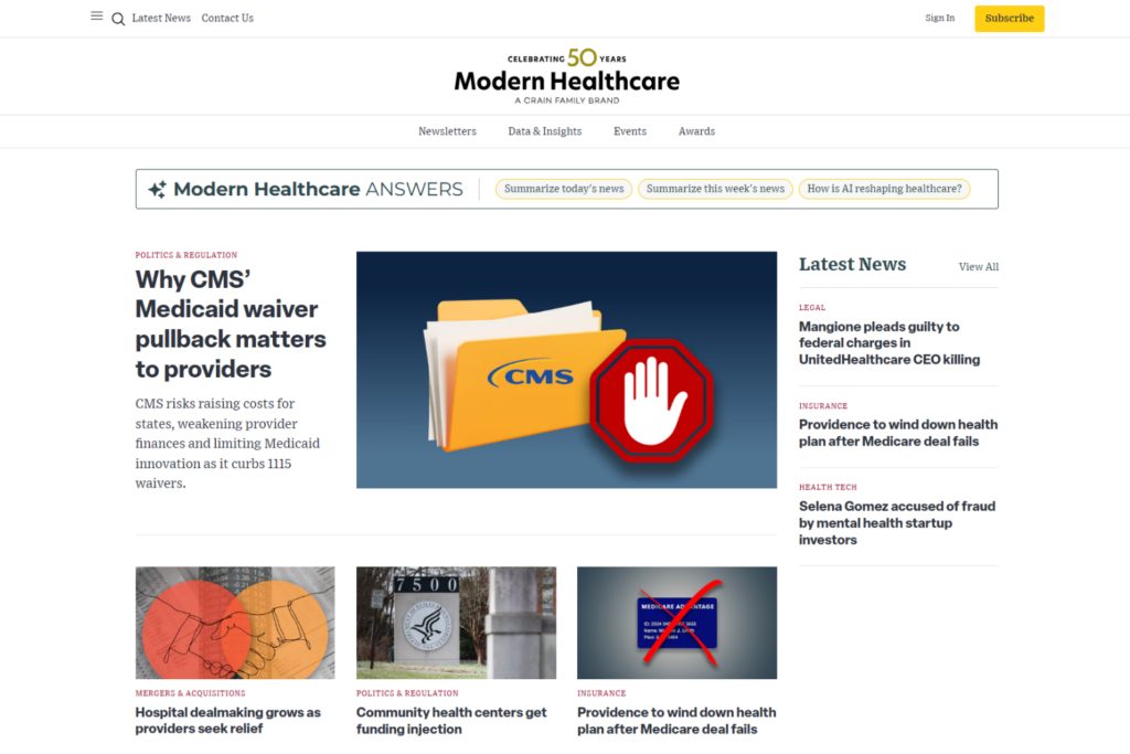 Homepage van Modern Healthcare met nieuws uit de sector over beleid, verzekeringen en zorgaanbieders