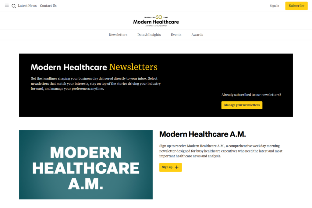 Aanmeldpagina voor de Modern Healthcare-nieuwsbrief voor leiders in de sector