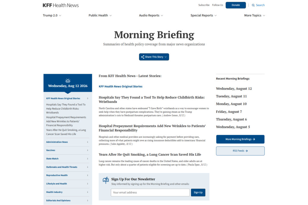 Pagina van de ochtendbriefing met geselecteerde medische verhalen