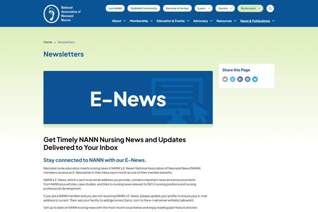 Página de NANN E-News que presenta artículos sobre enfermería neonatal y noticias de la asociación