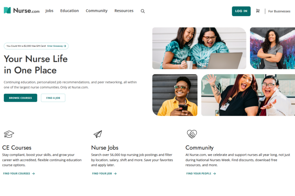 Página de inicio de Nurse.com con cursos de enfermería, empleos y recursos comunitarios