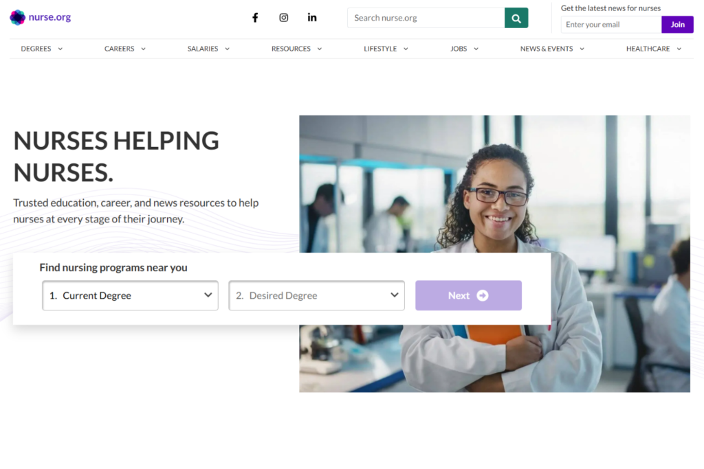 Página de inicio de Nurse.org con recursos de formación, empleo y noticias de enfermería
