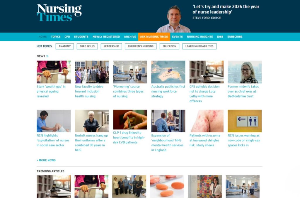 Página de Nursing Times con noticias actuales de enfermería y actualizaciones clínicas