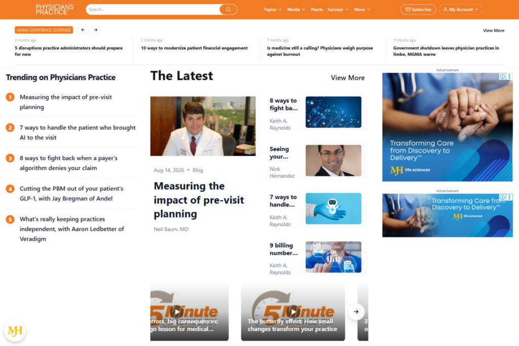 Homepage van Physicians Practice met artikelen over planning, AI, declaraties en facturering