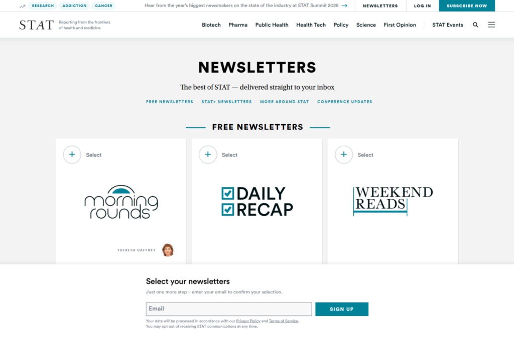 Pagina van STAT-nieuwsbrieven met Morning Rounds, Daily Recap en Weekend Reads