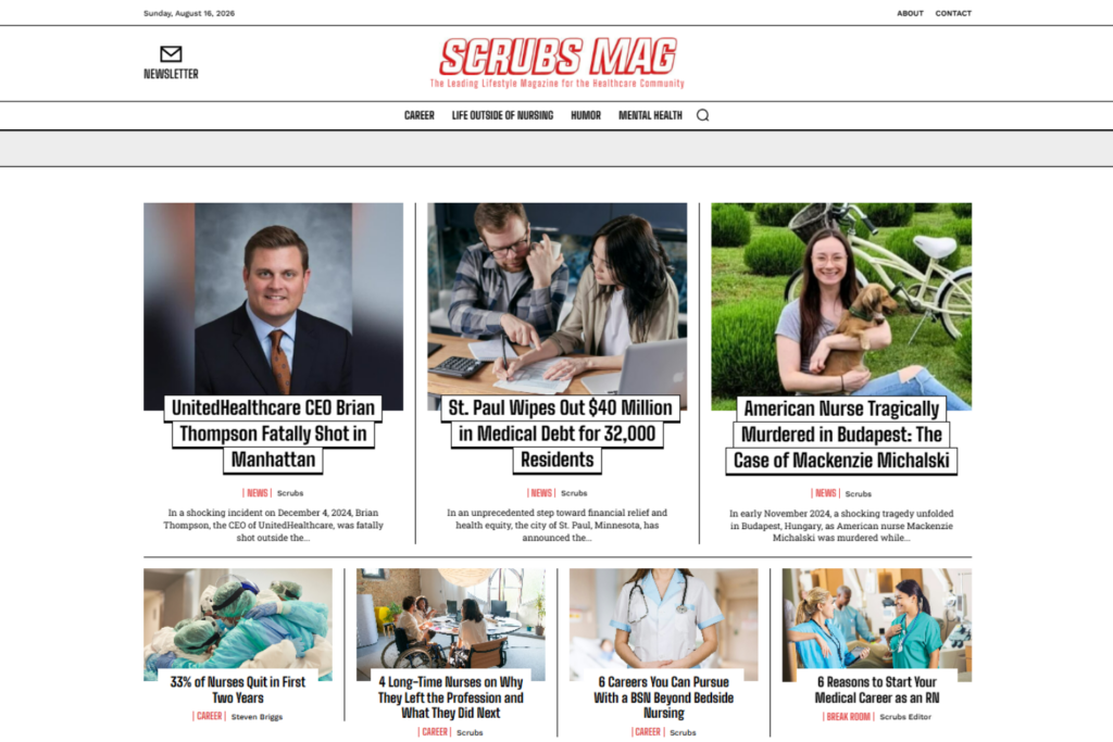 Página de inicio de Scrubs Mag que muestra historias, carreras y temas de estilo de vida relacionados con la enfermería