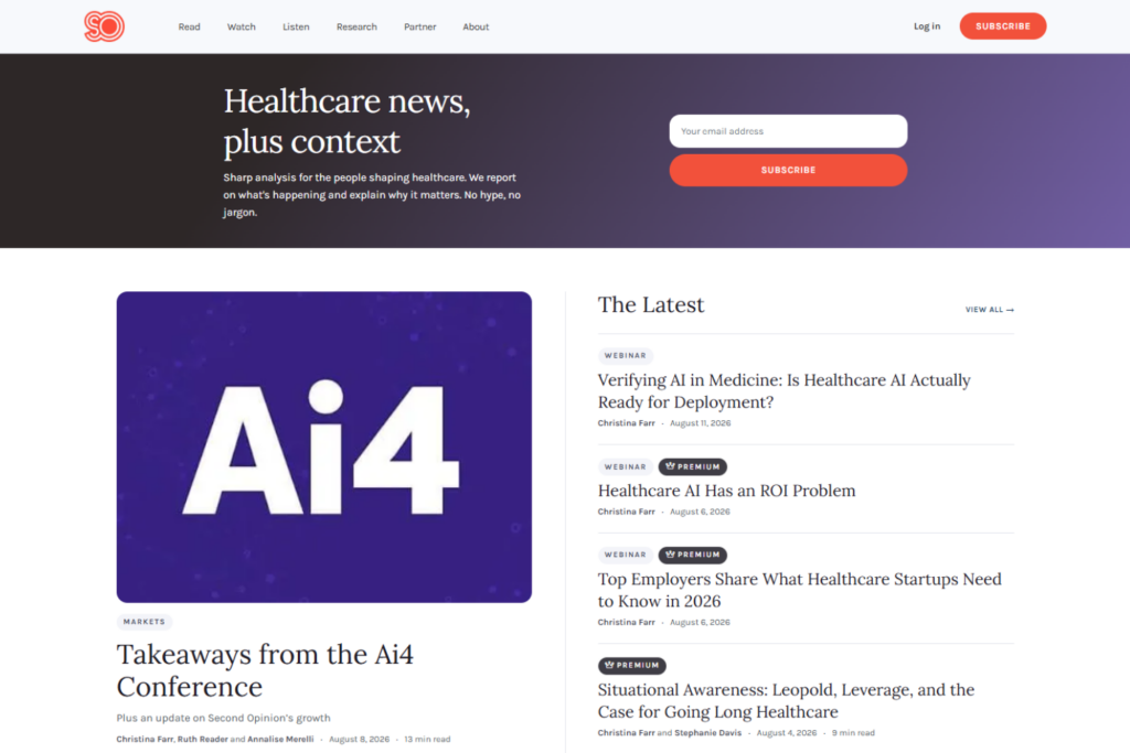 Homepage van Second Opinion met berichtgeving over de zorgmarkt en AI