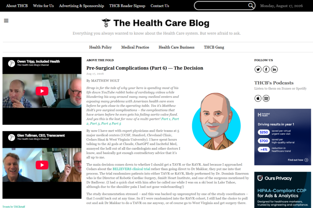 Homepage van THCB met commentaar op medische praktijk en gezondheidsbeleid