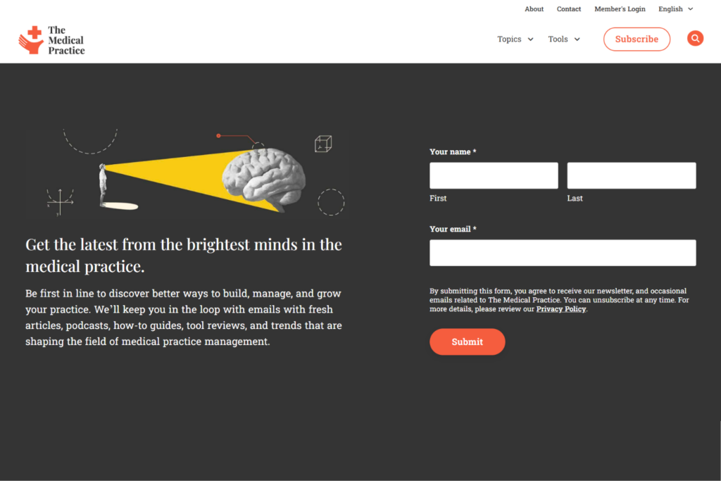 Abonnementspagina van de nieuwsbrief De medische praktijk met een formulier voor het aanmelden per e-mail