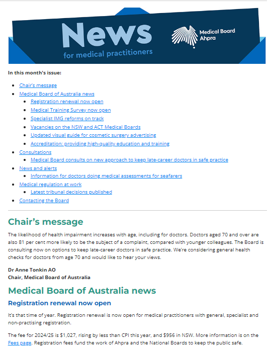 The Medical Board of Australia's August newsletter