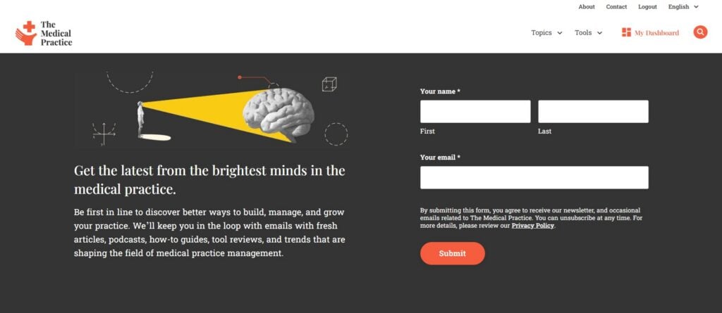 Schermafbeelding van de inschrijfpagina voor de nieuwsbrief van The Medical Practice