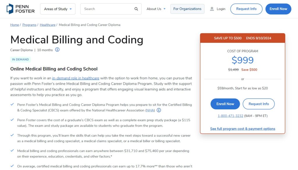 Penn Foster Medical Billing and Coding Landing Page