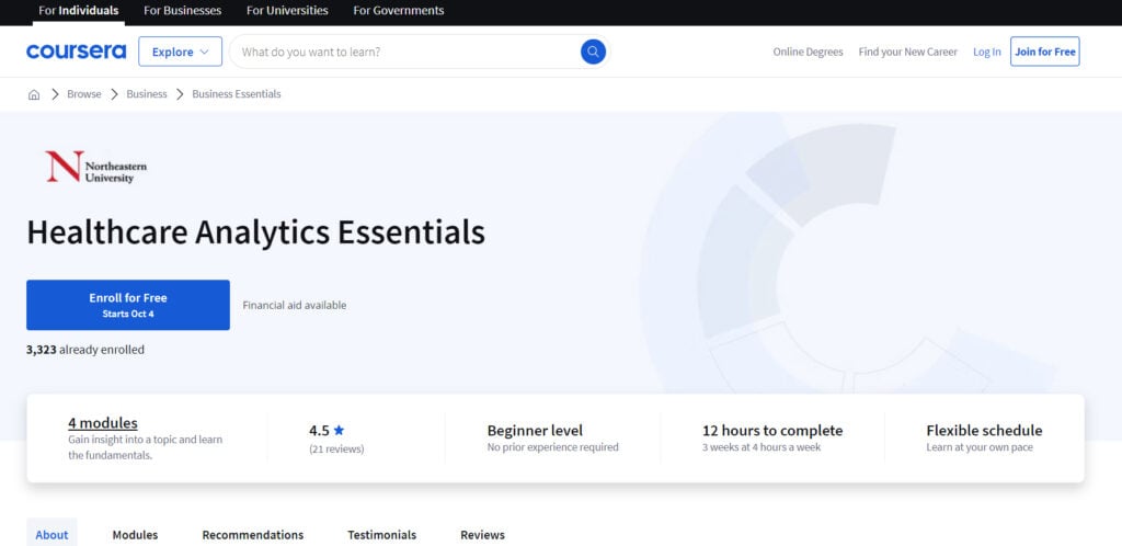 Healthcare Analytics Essentials course page screenshot