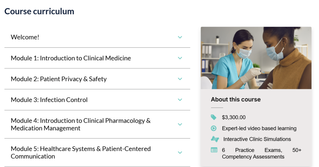 Screenshot of the Online Medical Assistant Course curriculum page