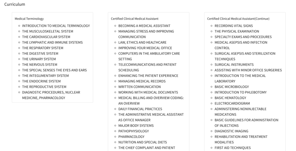 Screenshot of the Online Clinical Medical Assistant Training course curriculum page screenshot