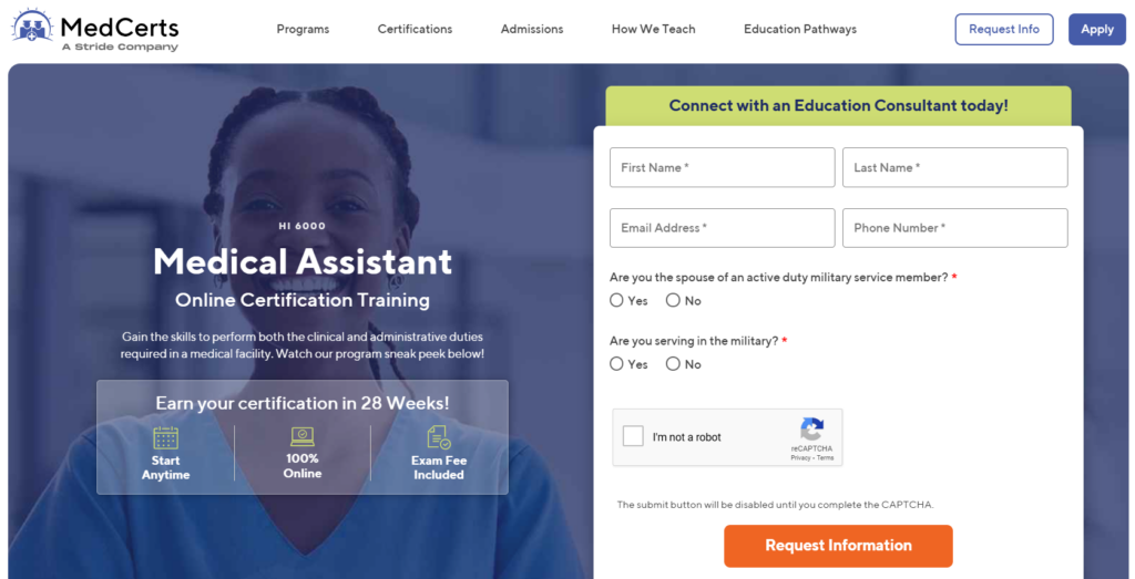 Screenshot of the Medical Assistant course landing page
