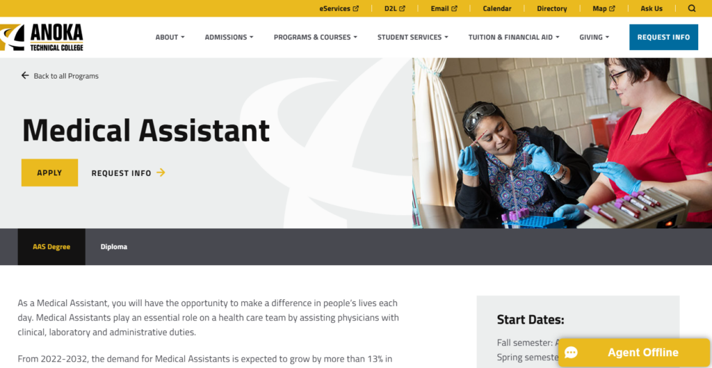 Screenshot of the Medical Assistant course web page