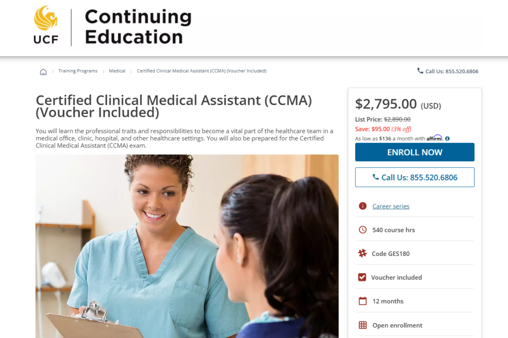 The Certified Clinical Medical Assistant course web page screenshot