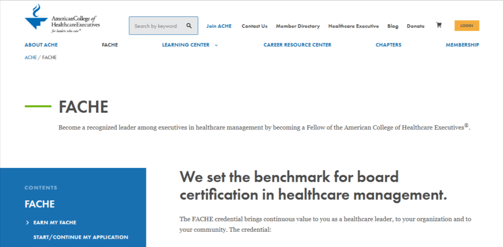Screenshot of the landing page for Fellow of the American College of Healthcare Executives certification