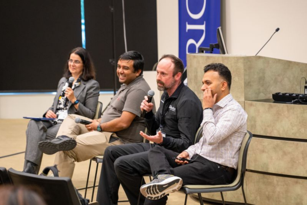 2025 AI in Health Conference panel discussion with Tapomayukh Bhattacharjee (Cornell University), Stuart J. Corr (Houston Methodist), and Vaibhav Unhelkar (Rice University) moderated by Ken Kennedy Institute director Lydia E. Kavraki