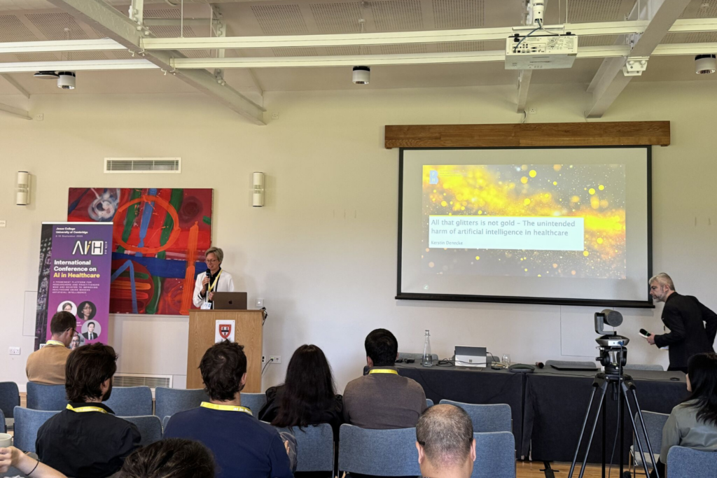 Kerstin Denecke, Dr. Professor at Bern University of Applied Sciences, keynote session on unintended harm of AI in healthcare at the 2025 AIiH conference