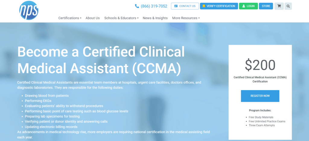 Screenshot of the Certified Clinical Medical Assistant (CCMA) web page